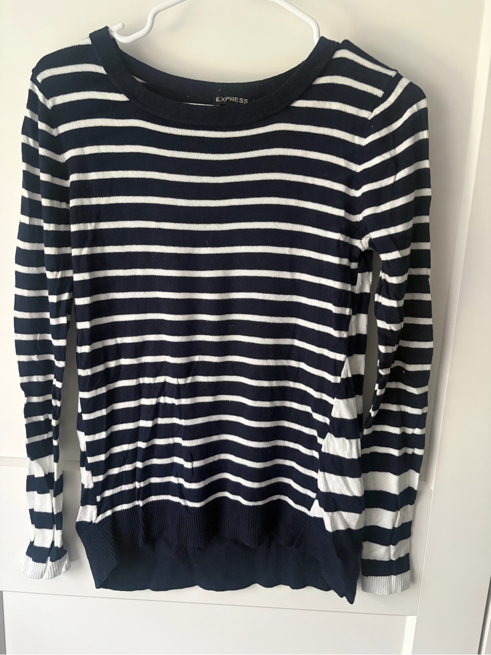 Express Navy and White Striped Crewneck Sweater - S